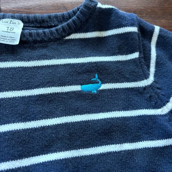 Carter's Boys 18 Month Sweater Navy Blue White Striped Knit Whale - Picture 3 of 6